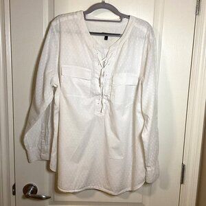 Talbots Women's White Swiss Dot Lace Up Henley Style Roll-Up Tab Sleeve Blouse